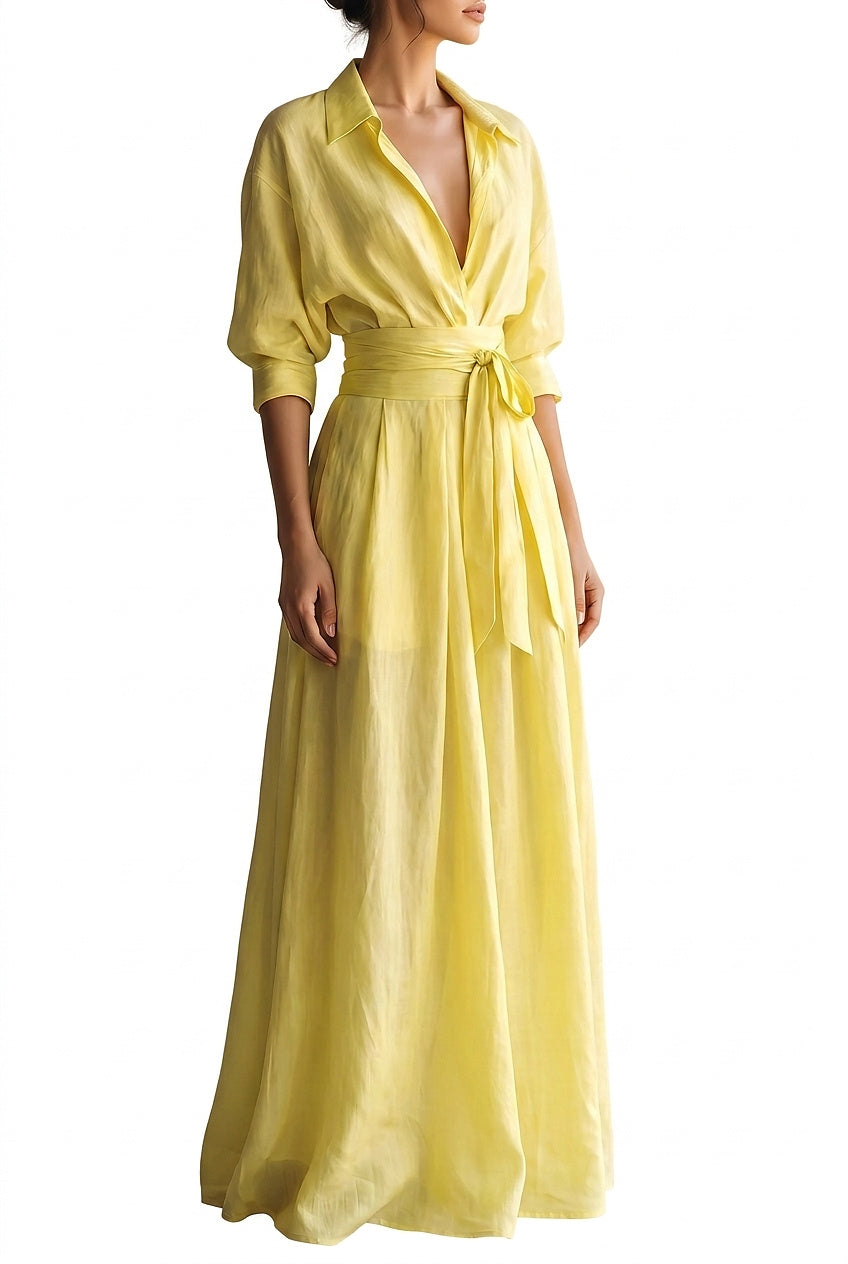 Robe chemise longue pour femme avec ceinture à nouer et manches mi-longues 1