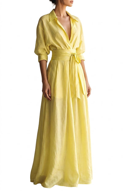 Robe chemise longue pour femme avec ceinture à nouer et manches mi-longues 1