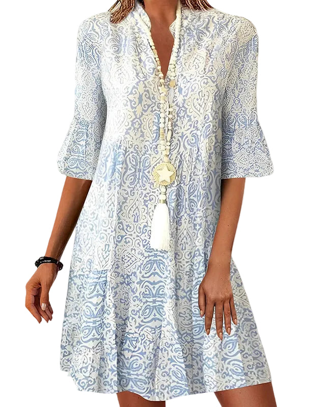 Robe courte femme avec motif, col en V et manches évasées-Midi Dress-Gigié