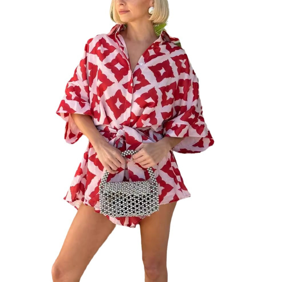 Robe courte portefeuille pour femme avec col, boutons et ceinture à nouer-Mini Dress-Gigié
