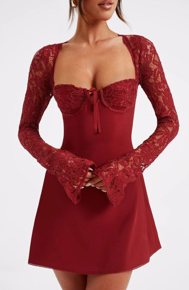 Robe courte pour femme avec manches longues en dentelle et bustier structuré-Mini Dress-Gigié