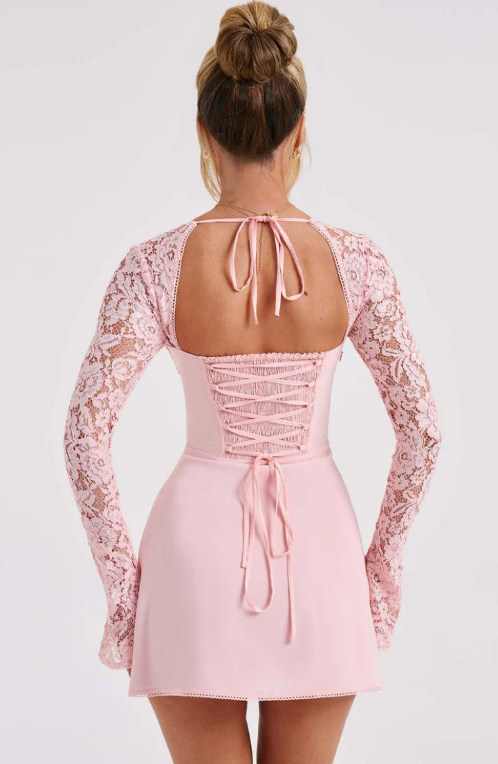 Robe courte pour femme avec manches longues en dentelle et bustier structuré-Mini Dress-Gigié