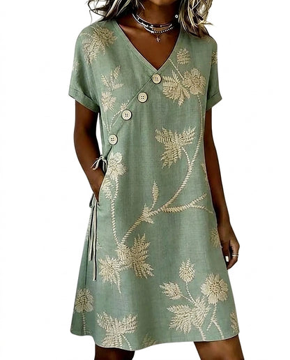 Robe courte trapèze à imprimé floral pour femme avec boutons en diagonale 1