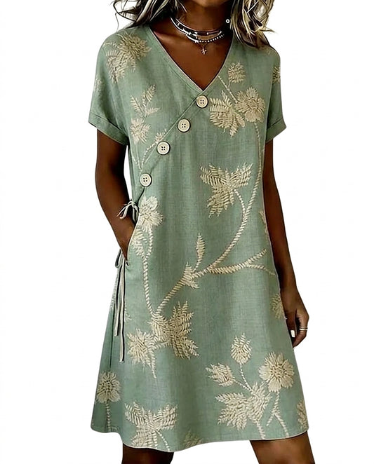 Robe courte trapèze à imprimé floral pour femme avec boutons en diagonale 1