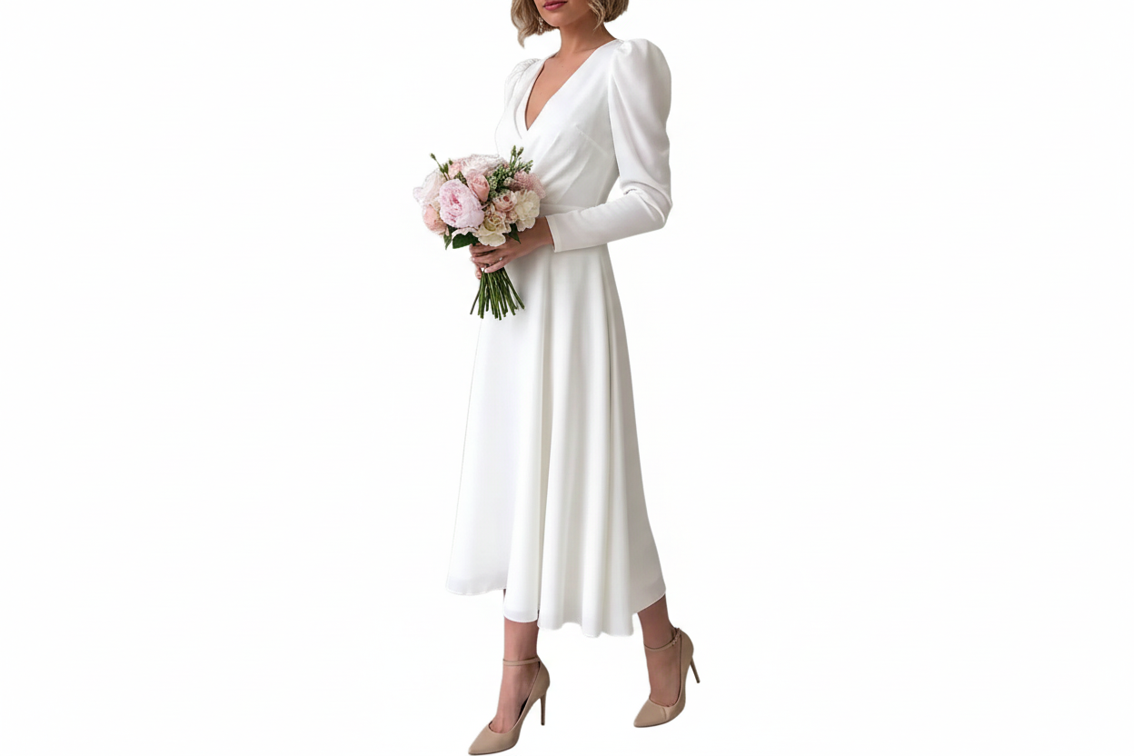 Robe De Mariée Femme Blanche Manches Longues-Midi Dress-Gigié