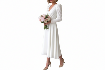 Robe De Mariée Femme Blanche Manches Longues-Midi Dress-Gigié