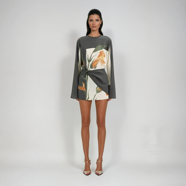 Robe Femme Courte avec Manches Longues et Panneau Drapé à l’Avant-Mini Dress-Gigié