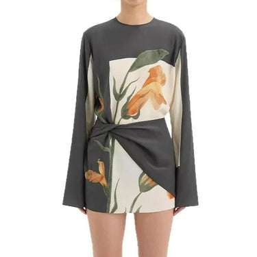 Robe Femme Courte avec Manches Longues et Panneau Drapé à l’Avant-Mini Dress-Gigié