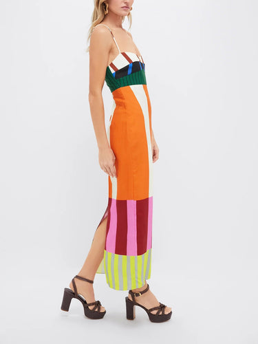 Robe Femme Longue à Bretelles Fines avec Panneaux Colorés-Maxi Dress-Gigié