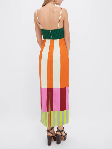 Robe Femme Longue à Bretelles Fines avec Panneaux Colorés-Maxi Dress-Gigié