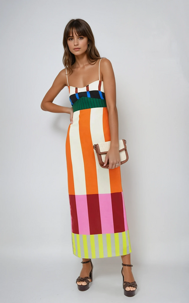 Robe Femme Longue à Bretelles Fines avec Panneaux Colorés-Maxi Dress-Gigié