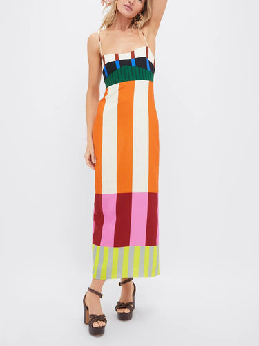 Robe Femme Longue à Bretelles Fines avec Panneaux Colorés-Maxi Dress-Gigié