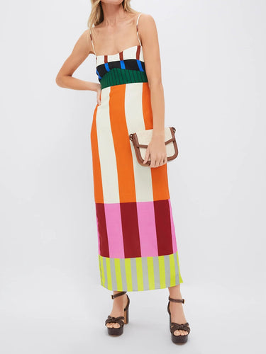 Robe Femme Longue à Bretelles Fines avec Panneaux Colorés-Maxi Dress-Gigié