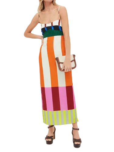 Robe Femme Longue à Bretelles Fines avec Panneaux Colorés-Maxi Dress-Gigié