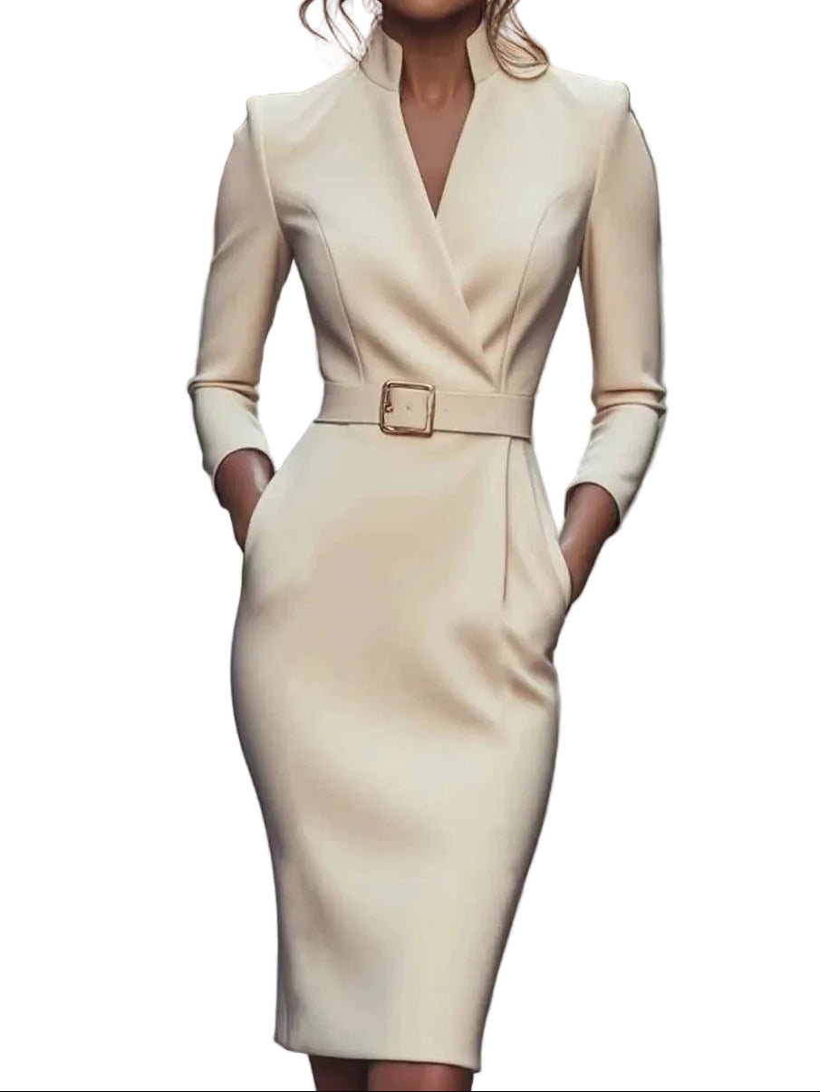 Robe fourreau femme avec col en V et ceinture-Midi Dress-Gigié