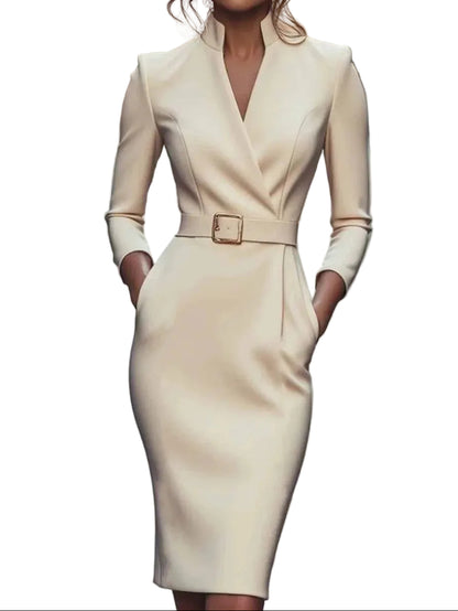 Robe fourreau femme avec col en V et ceinture-Midi Dress-Gigié