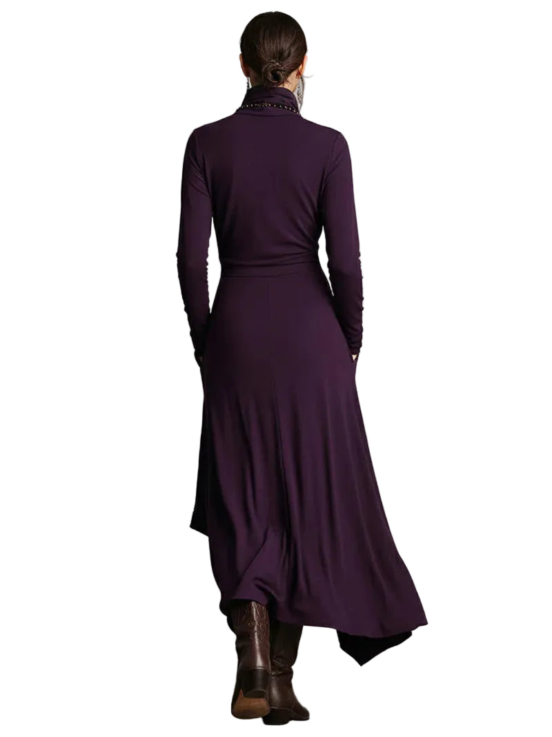 Robe longue à col montant, ourlet asymétrique et manches longues pour femme-Maxi Dress-Gigié