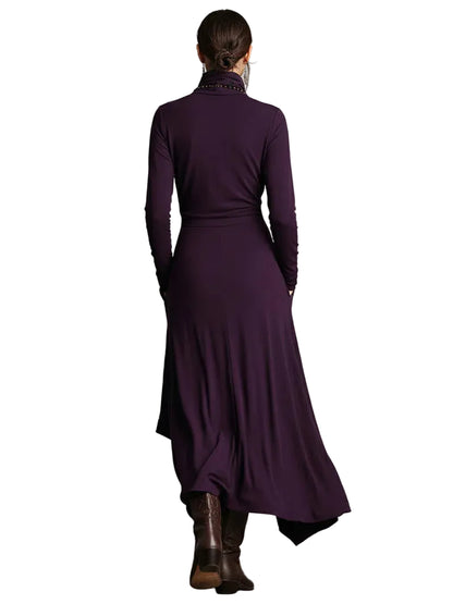 Robe longue à col montant, ourlet asymétrique et manches longues pour femme-Maxi Dress-Gigié