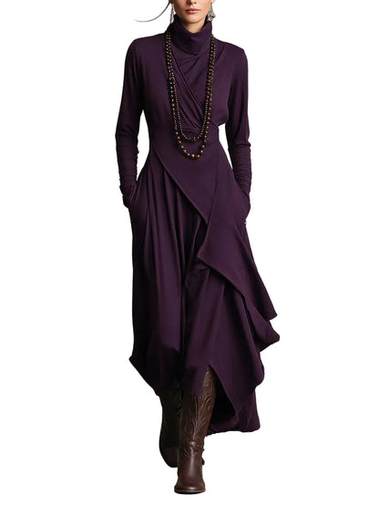 Robe longue à col montant, ourlet asymétrique et manches longues pour femme-Maxi Dress-Gigié