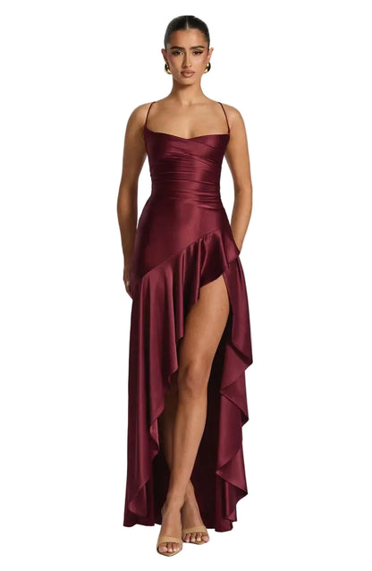 Robe longue à dos lacé avec ourlet asymétrique à volants et fente latérale-Maxi Dress-Gigié