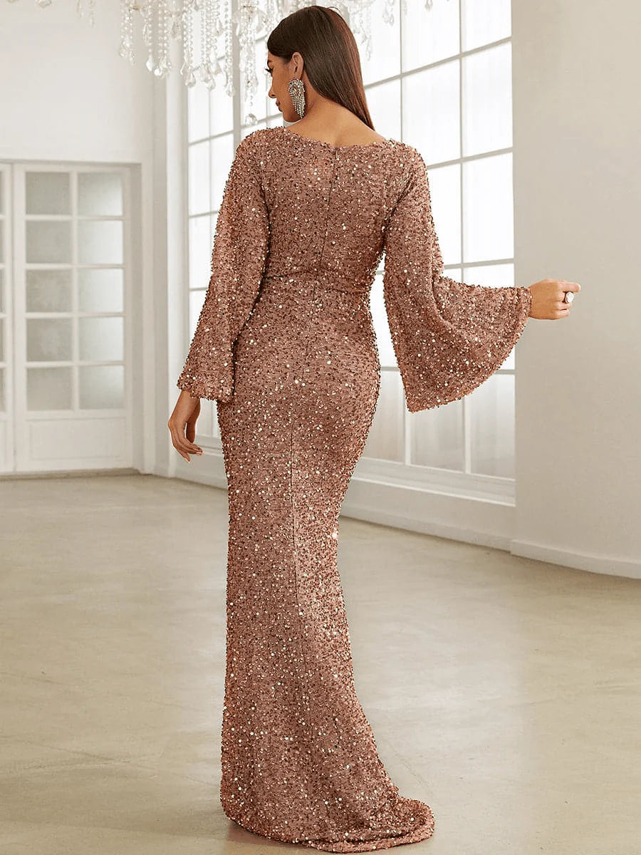 Robe Longue à Paillettes pour Femmes avec Décolleté en V et Manches Évasées-Maxi Dress-Gigié
