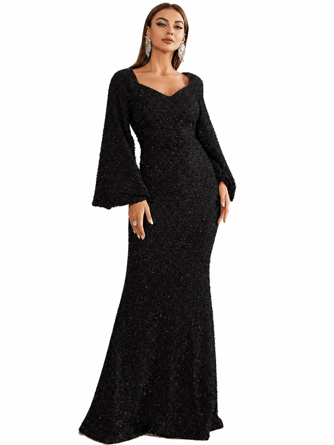 Robe Longue à Paillettes pour Femmes avec Décolleté en V et Manches Évasées-Maxi Dress-Gigié