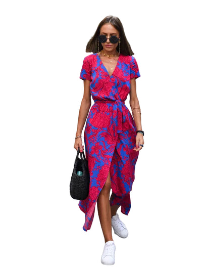 Robe Longue Cache-Cœur À Manches Courtes Pour Femmes-Gigié