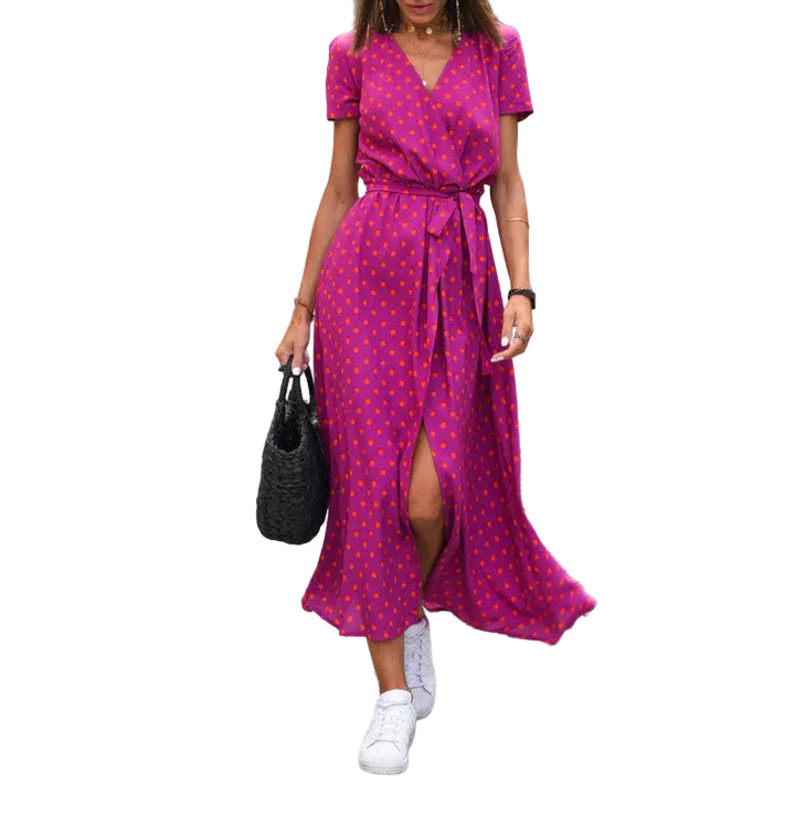 Robe Longue Cache-Cœur À Manches Courtes Pour Femmes-Gigié