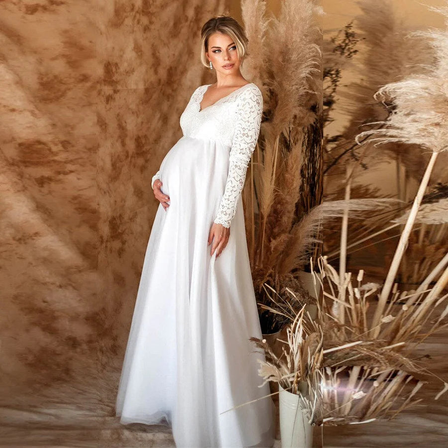 Robe Longue de Grossesse Femme avec Haut en Dentelle et Manches Longues-Maxi Dress-Gigié