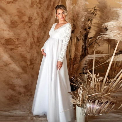 Robe Longue de Grossesse Femme avec Haut en Dentelle et Manches Longues-Maxi Dress-Gigié