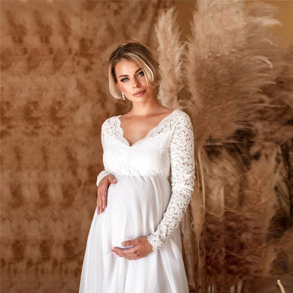 Robe Longue de Grossesse Femme avec Haut en Dentelle et Manches Longues-Maxi Dress-Gigié