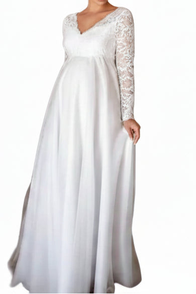 Robe Longue de Grossesse Femme avec Haut en Dentelle et Manches Longues-Maxi Dress-Gigié