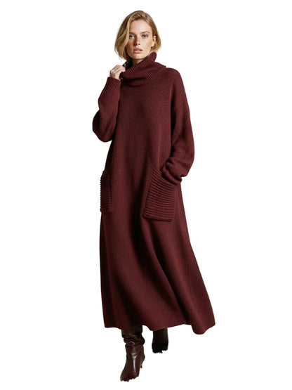 Robe longue en maille pour femme avec col roulé ample-Midi Dress-Gigié