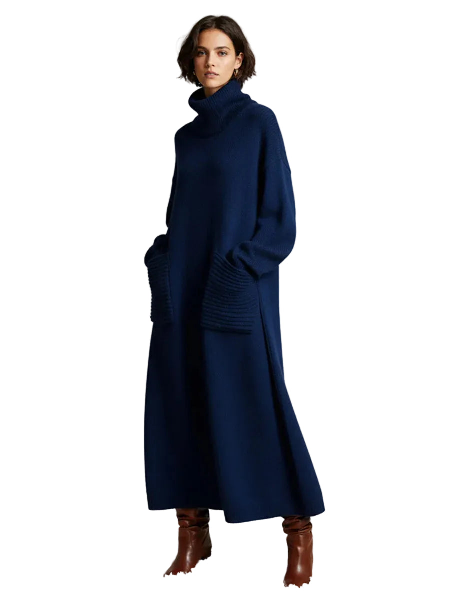 Robe longue en maille pour femme avec col roulé ample-Midi Dress-Gigié
