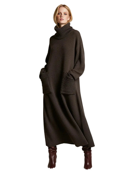 Robe longue en maille pour femme avec col roulé ample-Midi Dress-Gigié