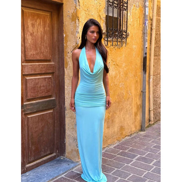 Robe longue femme à col halter avec devant drapé et dos ouvert-Maxi Dress-Gigié