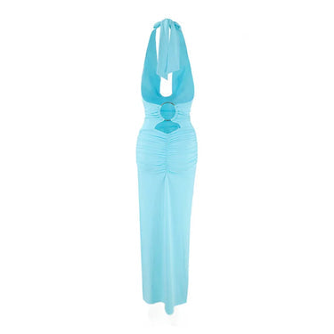 Robe longue femme à col halter avec devant drapé et dos ouvert-Maxi Dress-Gigié