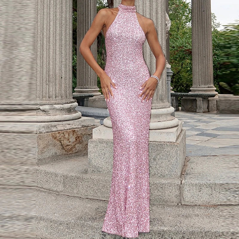 Robe longue femme à col halter avec surface à sequins-Maxi Dress-Gigié