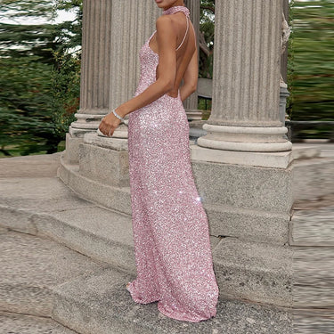 Robe longue femme à col halter avec surface à sequins-Maxi Dress-Gigié