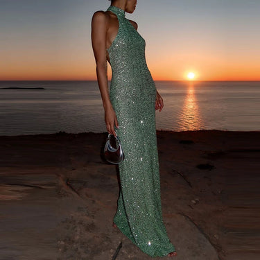 Robe longue femme à col halter avec surface à sequins-Maxi Dress-Gigié