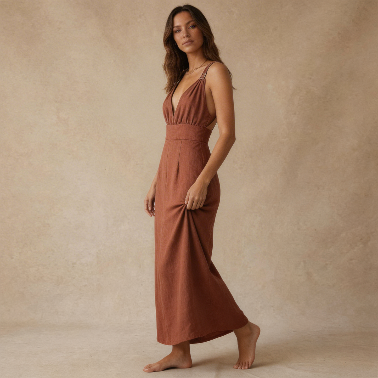 Robe Longue Femme à Col V Profond-Maxi Dress-Gigié