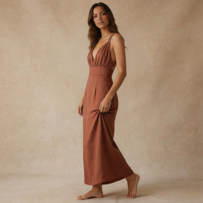 Robe Longue Femme à Col V Profond-Maxi Dress-Gigié