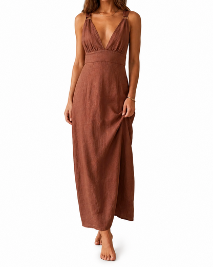Robe Longue Femme à Col V Profond-Maxi Dress-Gigié