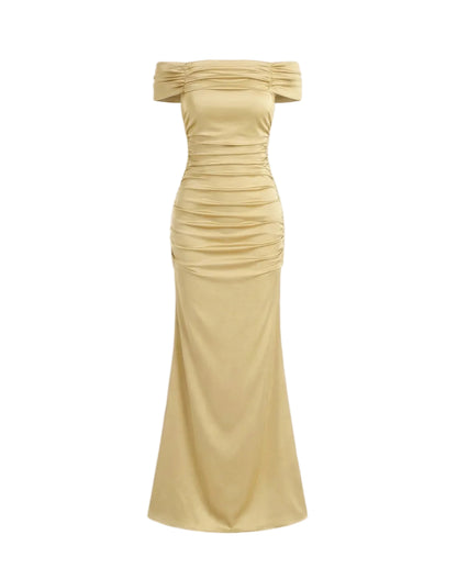 Robe longue femme à épaules dénudées avec détail froncé-Maxi Dress-Gigié