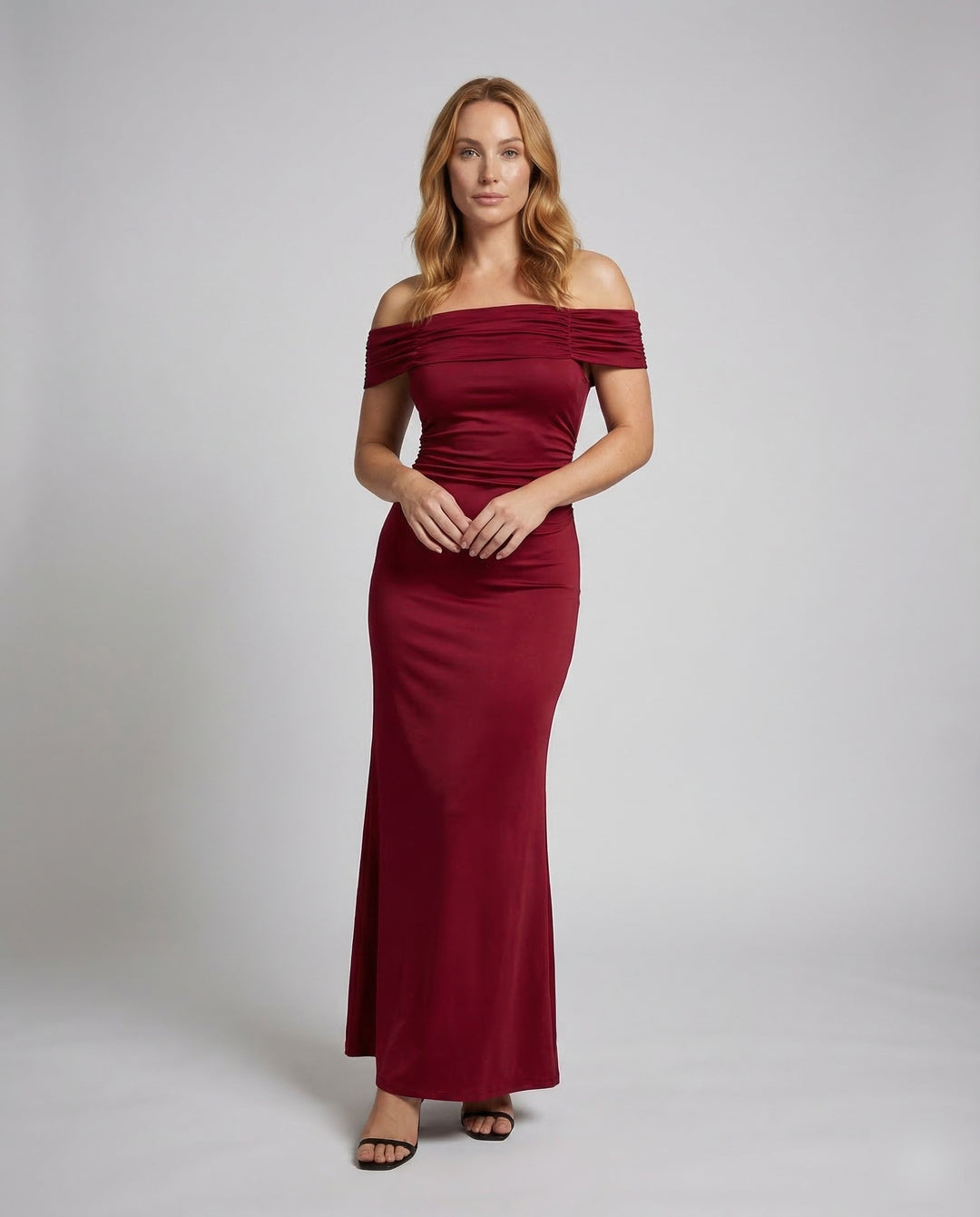 Robe longue femme à épaules dénudées avec détail froncé-Maxi Dress-Gigié