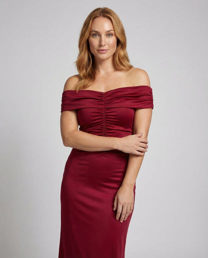 Robe longue femme à épaules dénudées avec détail froncé-Maxi Dress-Gigié