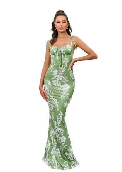 Robe longue femme à motif floral avec bretelles nouées-Maxi Dress-Gigié