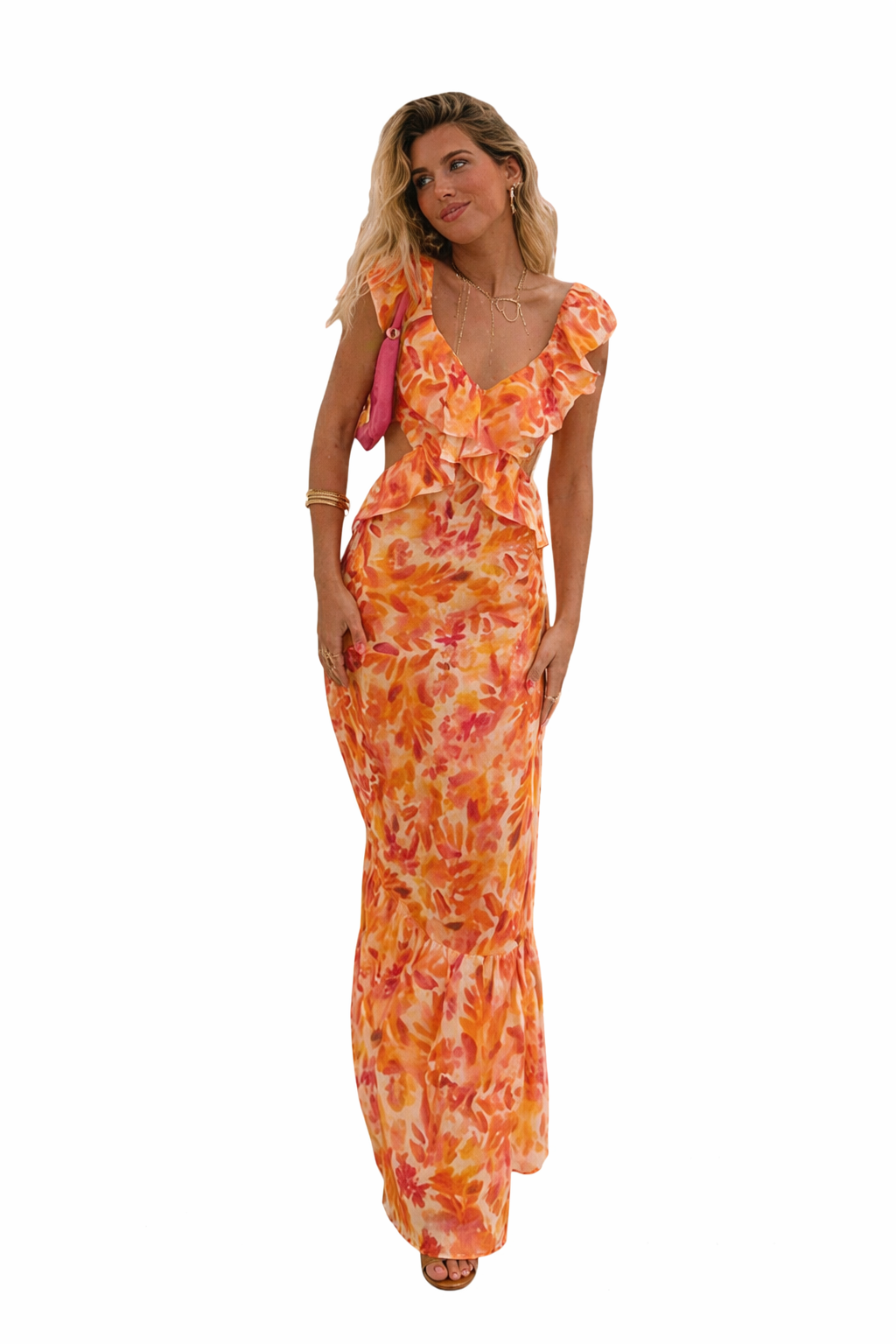 Robe longue femme à motif floral avec volants-Maxi Dress-Gigié