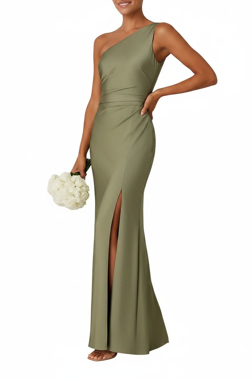 Robe longue femme à une épaule avec fronces à la taille-Maxi Dress-Gigié