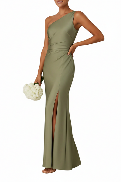 Robe longue femme à une épaule avec fronces à la taille-Maxi Dress-Gigié